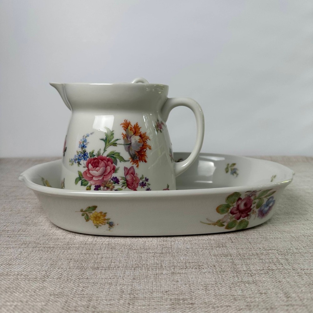 Vintage Porcelaine de Paris Floral Washstand Pitcher Basin Flower Frog France